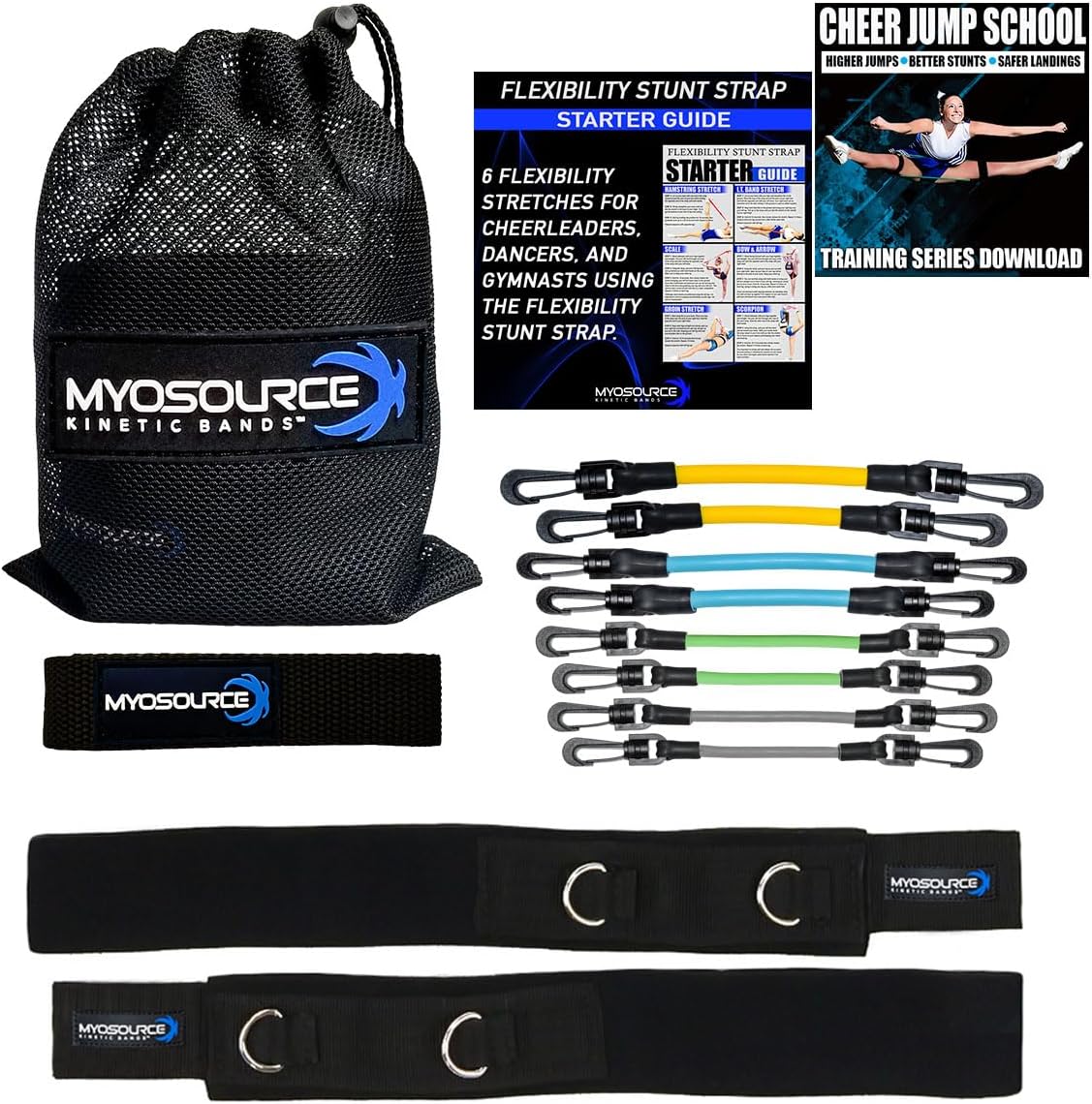 Cheer Kinetic Bands Cheerleader Flexibility and Strength Training | Improve Jumps, Stunts, Landings | 4-Level Leg Resistance Bands & 12 Stunt Strap Color Options, Digital Training Downloads
