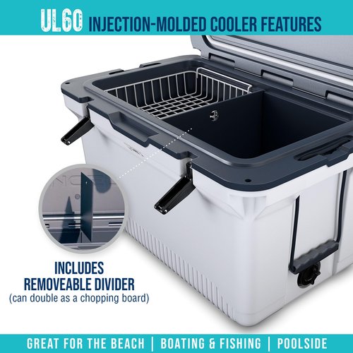 ENGEL 60 QT Ultra-Light Injection Molded Cooler - Ice Chest Keeps Ice 7 Days - Large Cooler Wire Basket, Divider and Built-in Bottle Opener - Fighting Lady Yellow with Dark Grey Interior (Yellow)