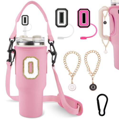 Initial A-Z Water Bottle Carrier Bag with Strap for Stanley 40oz Tumbler with 2 Letter Stanley Straw Topper Covers & 2 Letter Charms,Personalized Water Bottle Holder for Stanley Cup Accessories,Pink-O