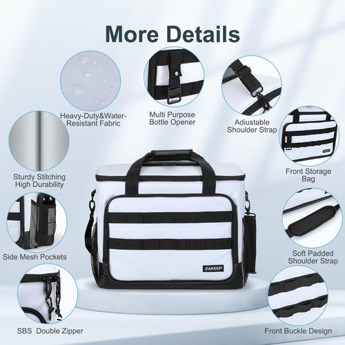 ZAKEEP Soft Cooler Bag, Large Leakproof Beach Cooler, 30 Cans Collapsible Cooler with Adjustable Shoulder Straps, Ice Chest, Portable Insulated Bag Camping Coolerbag for Travel＆Camping＆Picnic, White