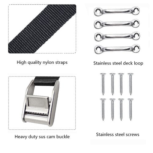 Marine Cooler Tie Down Kit, Heavy Duty Stainless Steel Battery Tie Down Straps with Stainless Brackets Footman Deck Loop and SS Screws Used for Gas Fuel Tank, Cooler YETI RTIC RV TV 2 Pcs