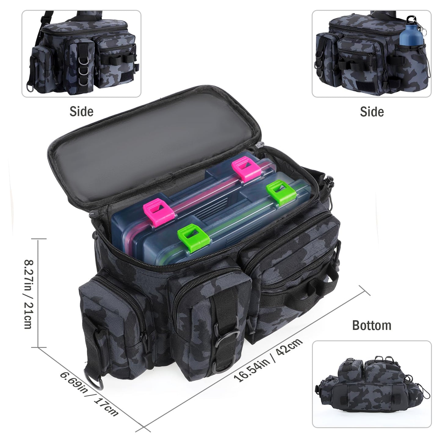 Fishing Bag, Fishing Tackle Storage Bag Chest Pack Rod Holder Shoulder Pack & Waist Bag Organizer with Belt & Shoulder Strap, Colorful Reflective Stripes for Hiking Fishing Camping (Black Camouflage)