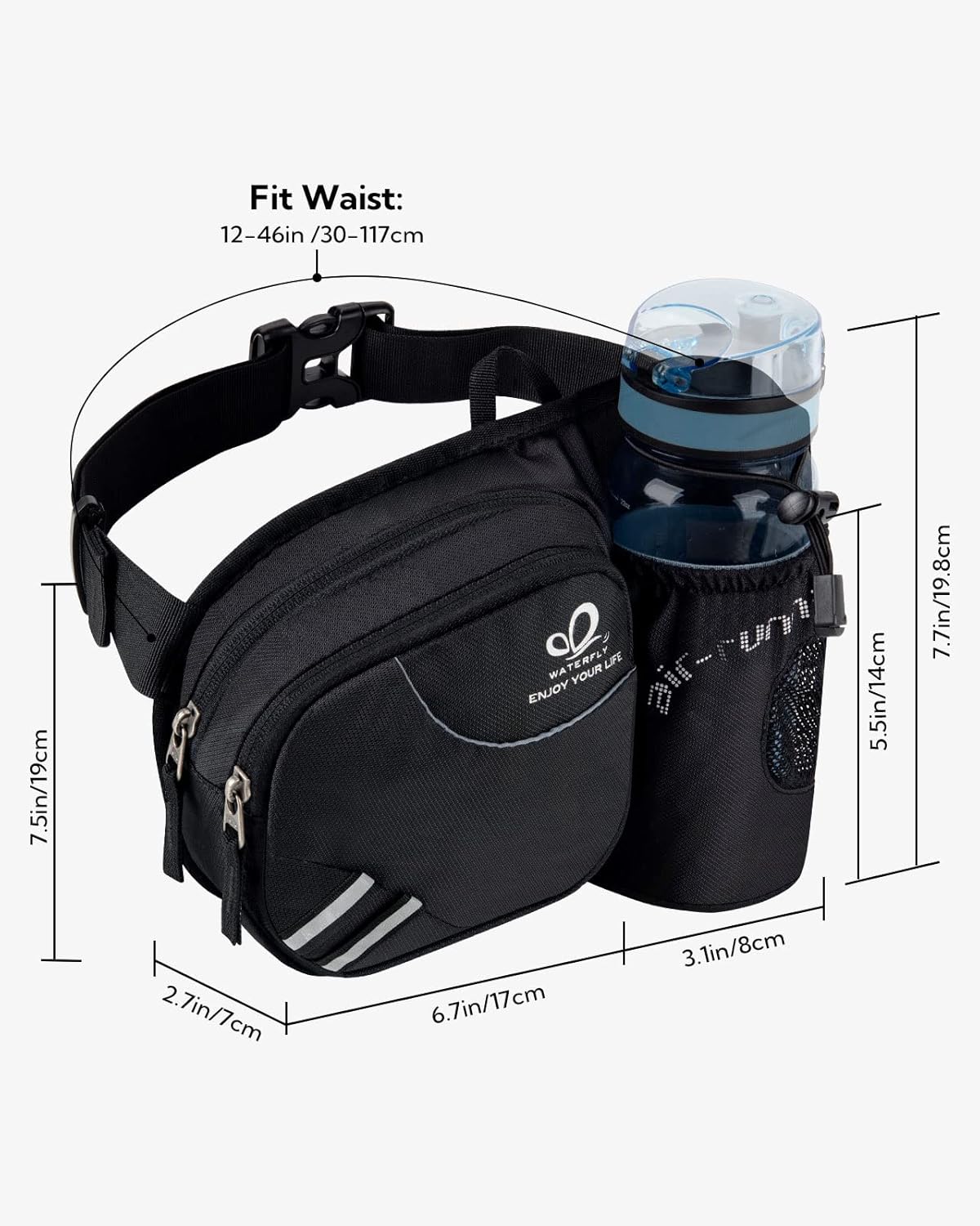 WATERFLY Fanny Pack Waist Bag: Waist Pack for Women Men with Water Bottle Holder Hiking Fanny Pack for Running Walking DogWalking Travel Cycling