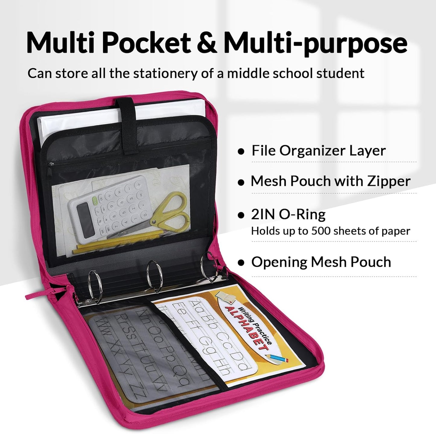 SUNEE Zippered Binder Bag with Handle, 2-Inch 3-Ring O-Ring, 500-Sheet Capacity, Includes Zip Pocket, 5-Tab Expanding File Folder, Multi-Pocket Organizer Binder for Middle School, Pink Lotus