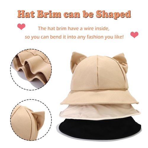 Women's Cat Ear Bucket Hat Cute Fishing Hat for Girls Cotton Sun Hat Y2K Style Bucket Cap for Daily, Festival (Black)