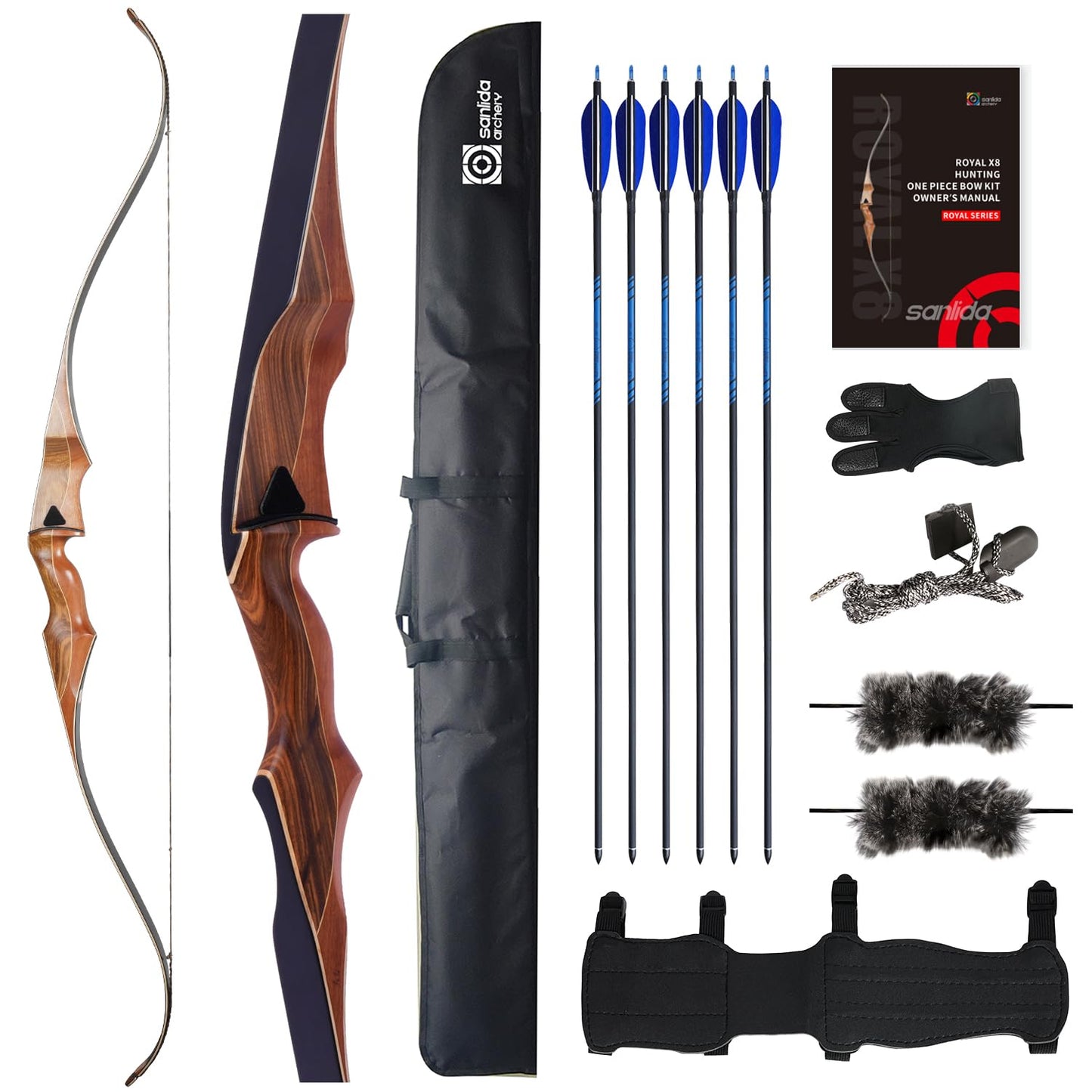 Sanlida Archery 60" Royal X8 One-Piece Bow Traditional Wooden Hunting Bow Handmade Hunting Bow and Arrows Kit for Adults & Traditional Archers, RH Only (40lbs, Dark Wood)