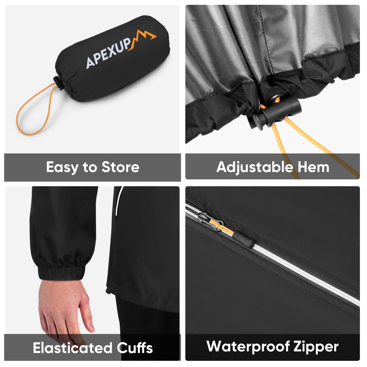 APEXUP Packable Rain Jacket Men with Reflective Zipper, Lightweight Waterproof Jacket Windbreaker Hooded Raincoat, Mens Rain Jackets for Outdoor, Running, Hiking, Travel, Cycling (Black, XL)