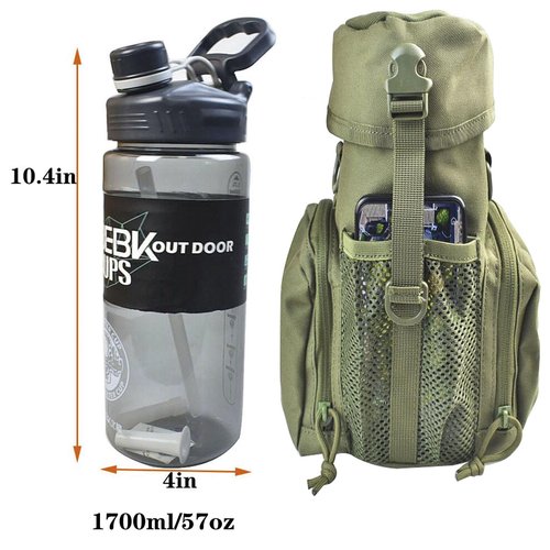 Molle Water Bottle Holder for 64 oz Bottles - Carry, Protect and Insulate Your Flask with Military Grade Carrier 2 Zipper Pockets and an Adjustable Shoulder Strap (Green)