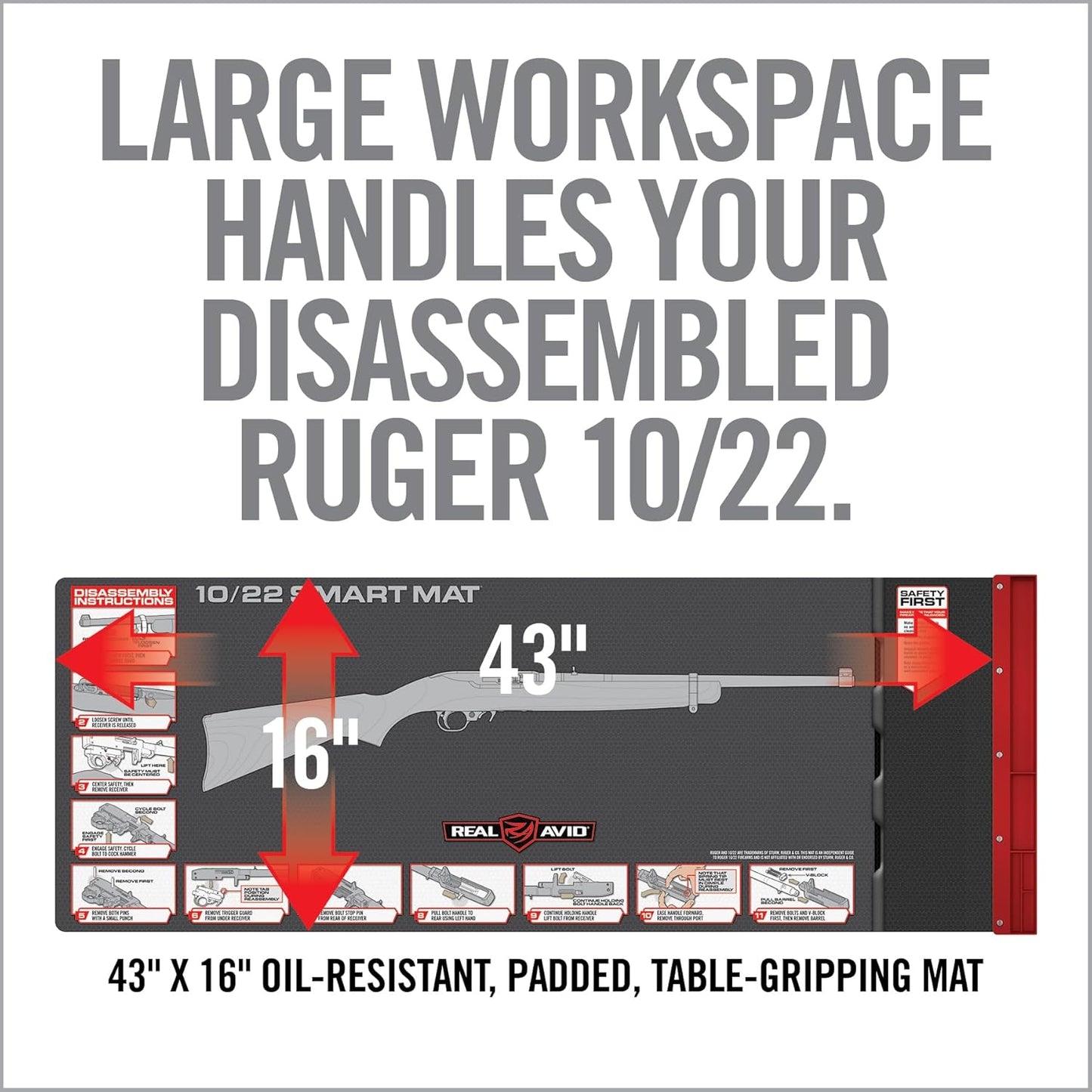 Real Avid 10/22 Smart Mat – 43×16" Oil‑Resistant Cleaning Mat with Magnetic Parts Tray & Takedown Diagram - No‑Slip, Shock‑Absorbing Work Surface Designed for Ruger 10/22 Maintenance