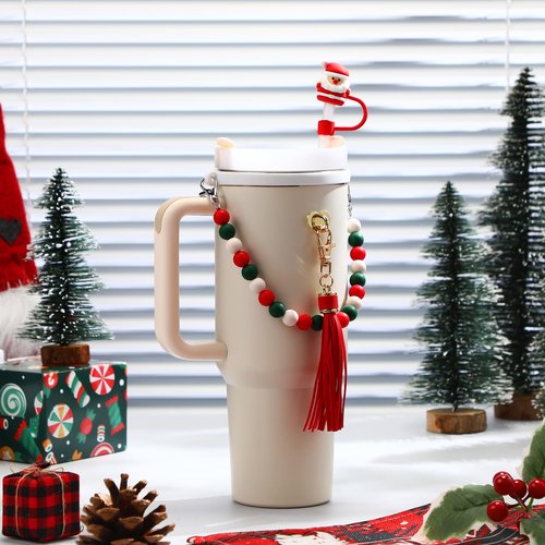 Skylety 5 Pcs Silicone Accessories Set for 8-40 oz Tumbler - Includes Silicone Beaded Bottle Strap, Leather Tassel Charm, Straw Cover, Rubber Cup Ring (Red, Green, Christmas)