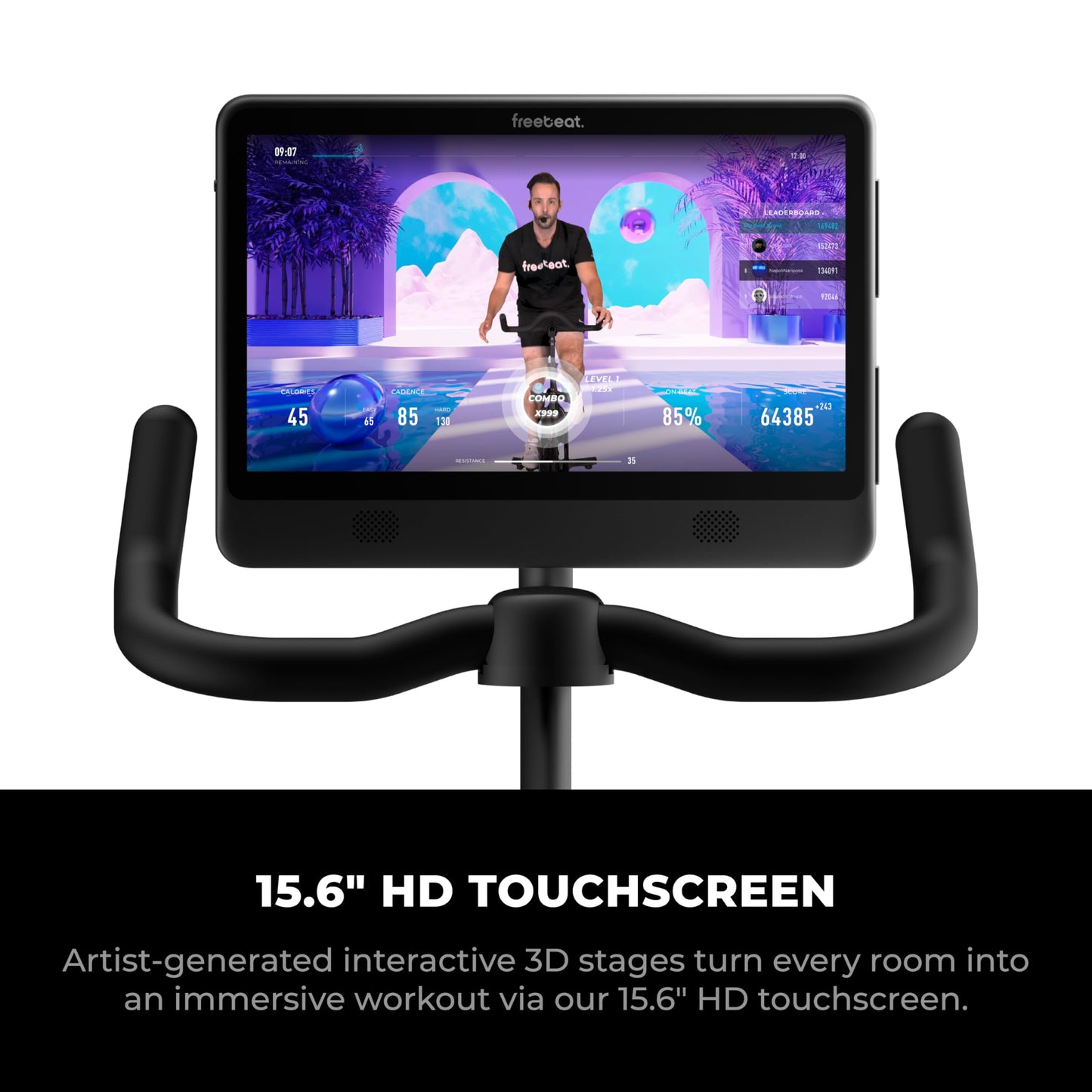 Freebeat Boom Exercise Bike, Smart Spin Bike for Home, 15.6'' HD Touchscreen, Auto Resistance, Compact Stationary Bike with Screen, Bluetooth, Scenic Rides, Training Algorithm, Gamified Classes with Expert Instructors