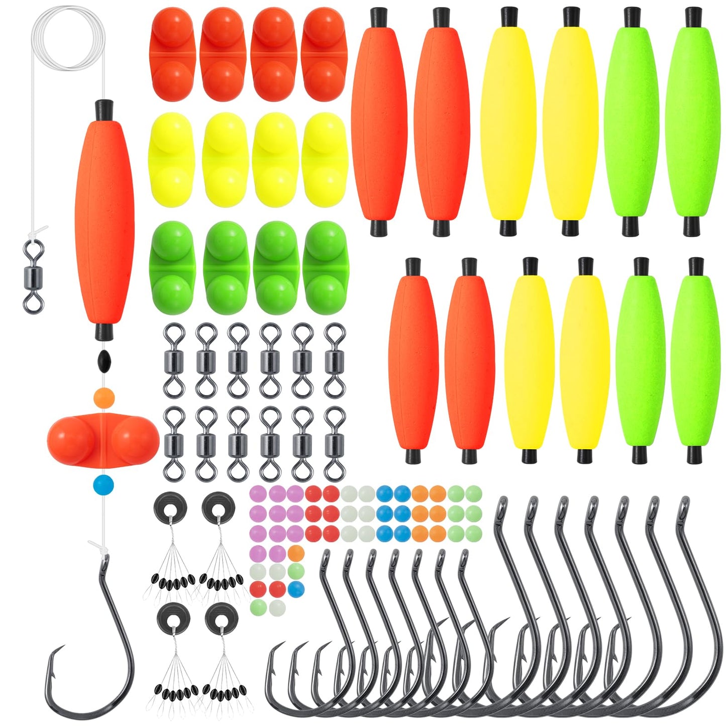 kaleodam Catfishing Tackle Making Kit Catfish Rig Accessories 102PCS/99PCS Catfish Tackle with Catfish Floats Catfish Hooks Swivels Fishing Bells (Type A)