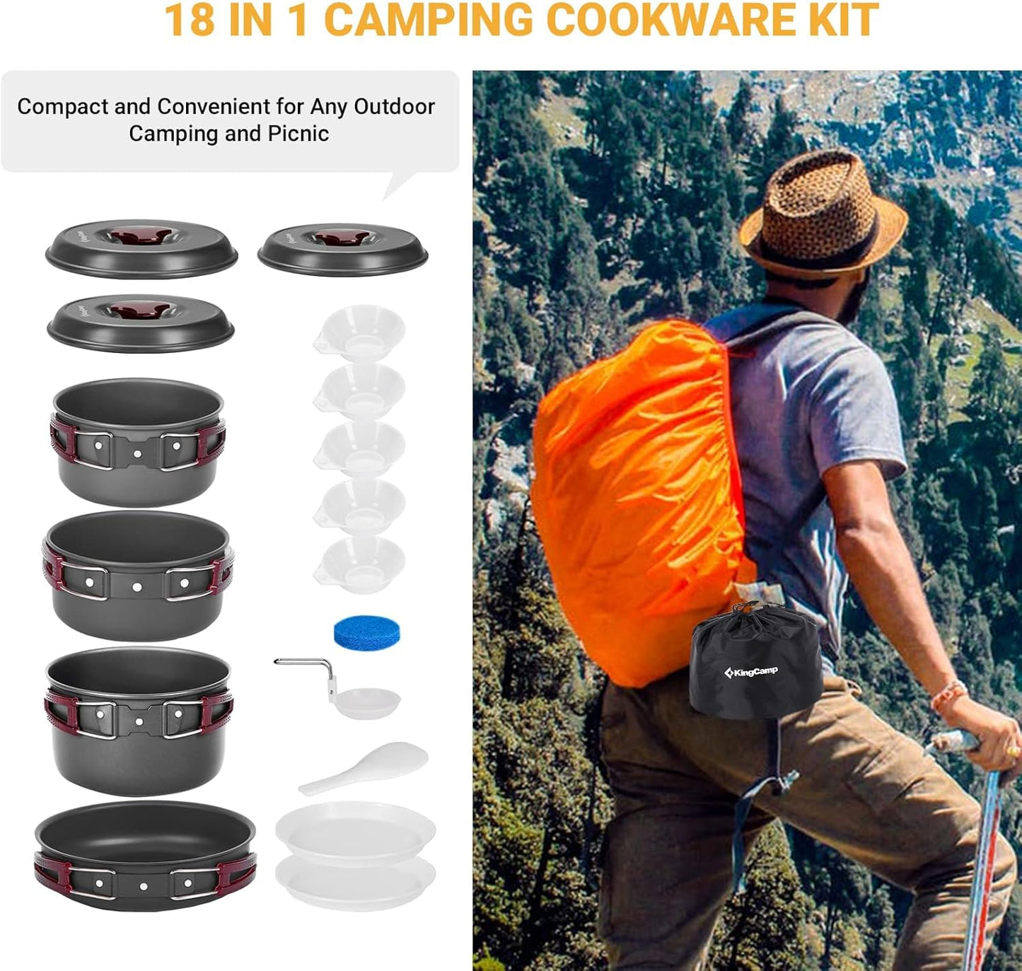 KingCamp 7/9/18Pcs Camping Cookware Mess Kit Camping Cooking Set Non-Stick Hard-Anodized Aluminum Camping Gear Camping Pots and Pans Set with Tableware for Outdoor Backpacking Hiking Picnic Backyard