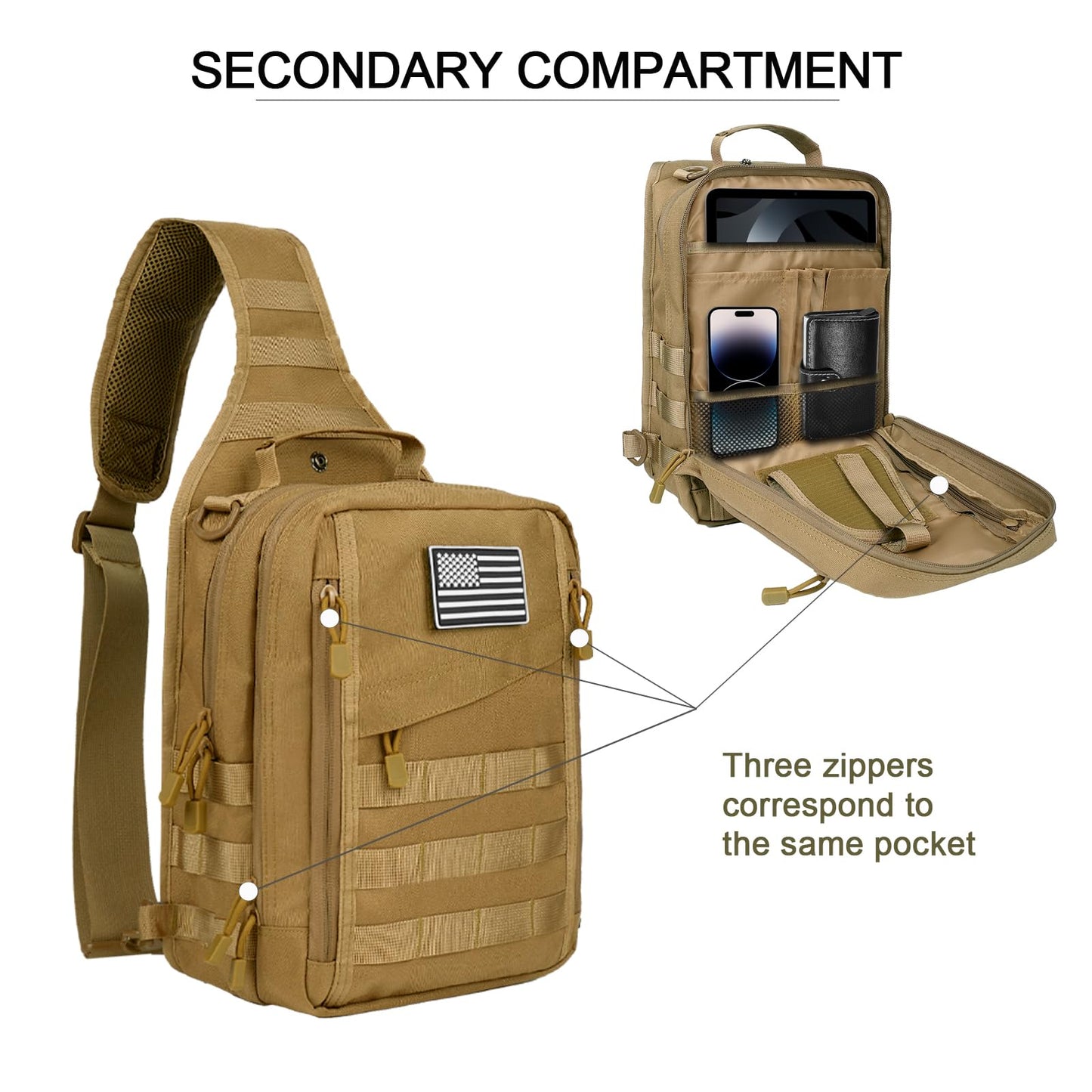 hopopower Tactical Sling Bag for Men Military Shoulder Backpack Range Bag Sport Fishing Bag Pack Small Utility Backpack Crossbody Chest Bag for Every Day Carry, Khaki