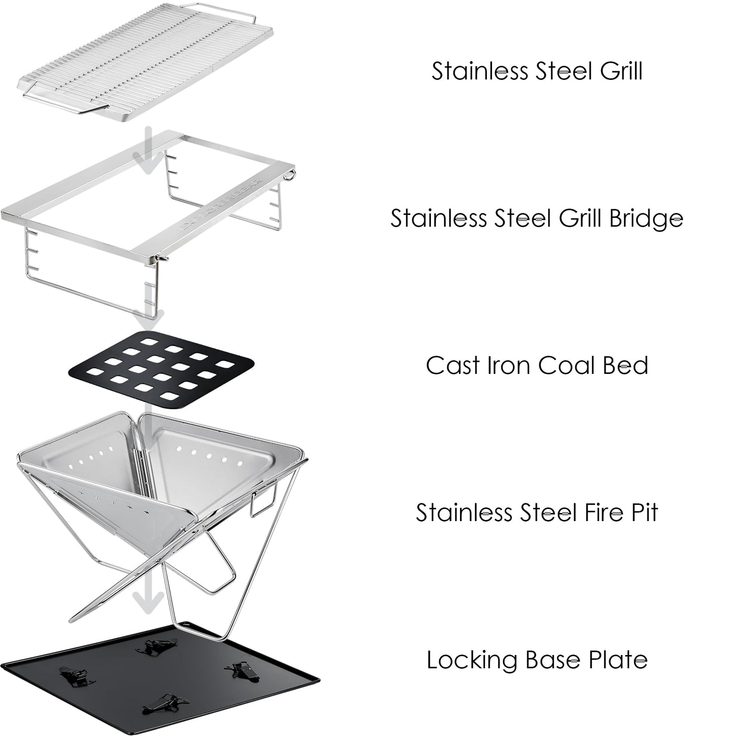 Explorer Bear 20" Stainless Steel Foldable Takibi Fire & Grill with Carrying Bag, Grill Bridge, and Coal Bed | Portable Wood Burning Fire Pit | Perfect for Camping, Outdoors, Patios