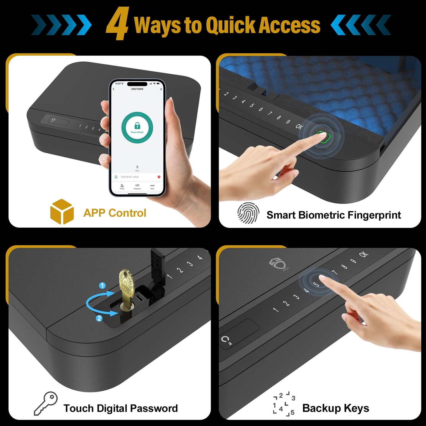 Gun Safe for Handgun - ≤0.1s Quick Access Biometric Handgun Safe for Pistols, 4-Ways Unlock APP/Fingerprint/Numeric Code/Key, Gun Lock Box for Nightstand Bedside Home Car - Aluminum Alloy