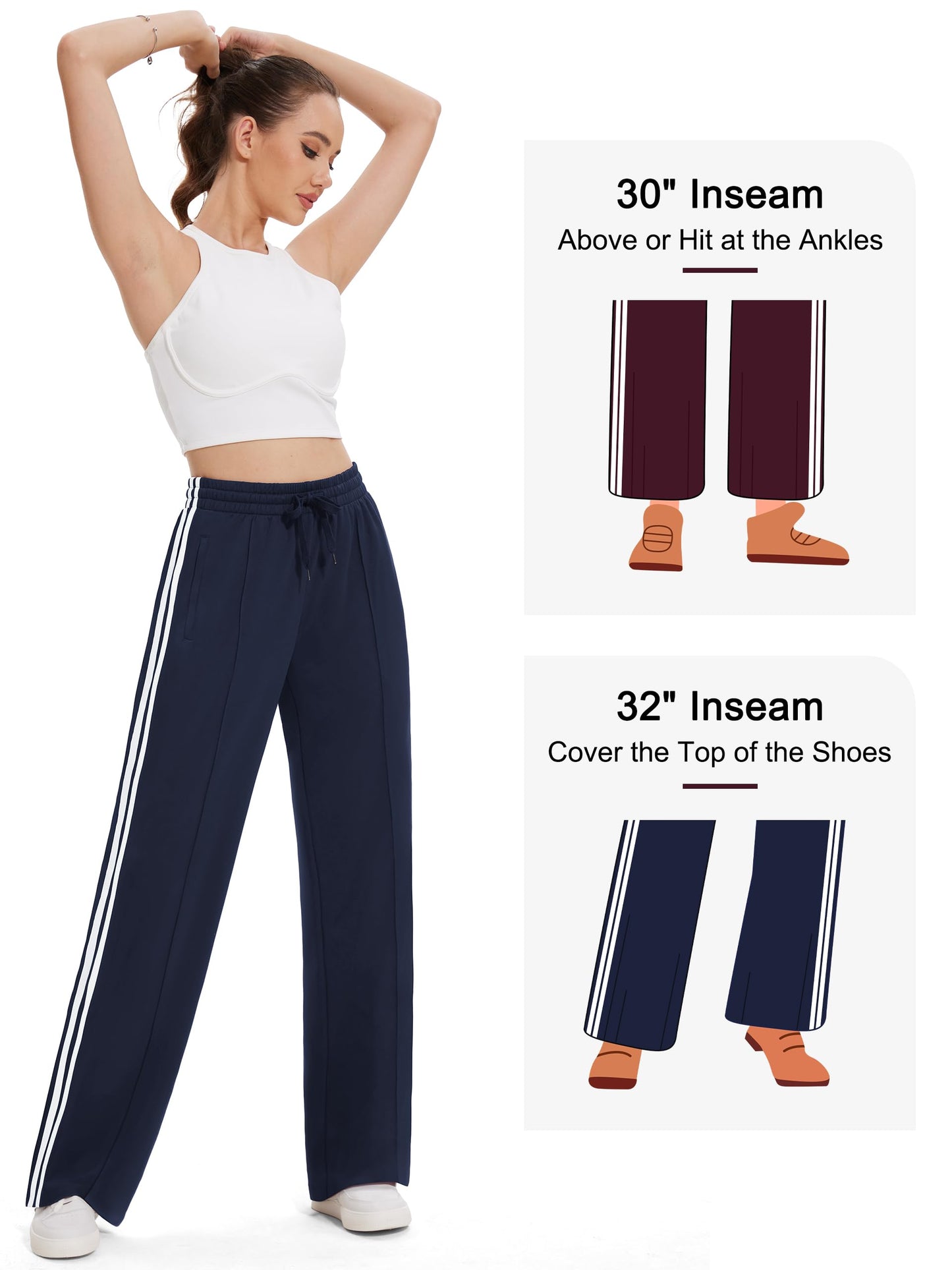 Tapata Extra Tall Woman 36" Inseam Stripes Sweat Pant High Waisted Drawstring Gym Exercise Lounge Joggers, Navy Blue, M