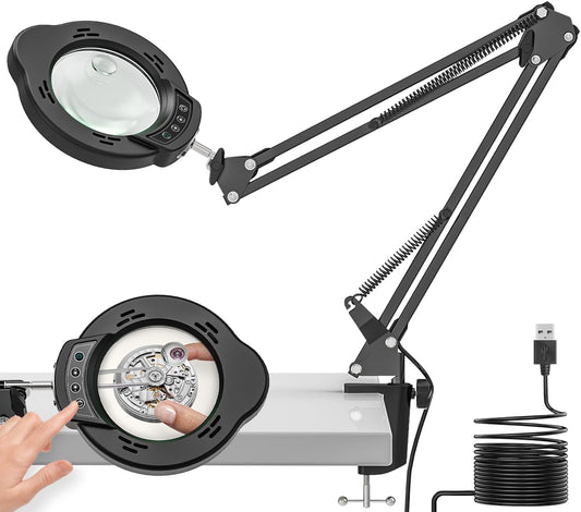 Magnifying Glass with Light and Clamp, 15X 10X Desk Magnifying Lamp, 84 LED Real Glass Lens Magnifier, 5 Color Modes Stepless Dimmable, Adjustable Hands Free Table Lamp for Repair Crafts Hobby Sewing