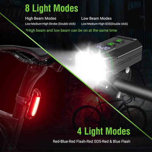 BORUIT L15 Bike Light 10 LED Bike Lights for Night Riding 5000mAh Super Bright Rechargeable Bicycle Light Front and Rear Aluminum Alloy IPX66 Waterproof Bike Light for Night Mountain Road Cycling