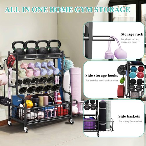 Hiee Dumbbell Rack, Weight Rack for Kettlebells, Heavy-Duty Home Gym Storage Rack for Yoga Mat and Workout Equipment, Storage Holder with Wheels and Hooks (320lb)