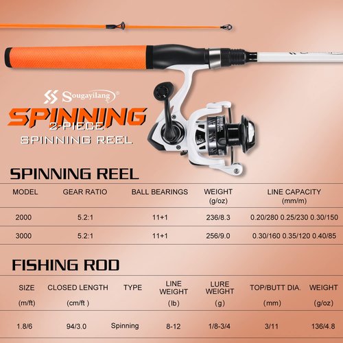 Sougayilang Fishing Rod and Reel Combo, Medium Fishing Pole with Spinning Reel Combo, 2-Piece Fishing Combo-Orange-6' Spinning Rod and HJB2000 Spinning Reel