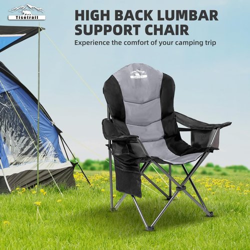 Tisetrail 2 Pack Folding Camping Chairs Set of 2 for Adults High Back Padded Lawn Chairs Portable Outdoor Camp Chairs, 400lbs Capacity, Black & Gray