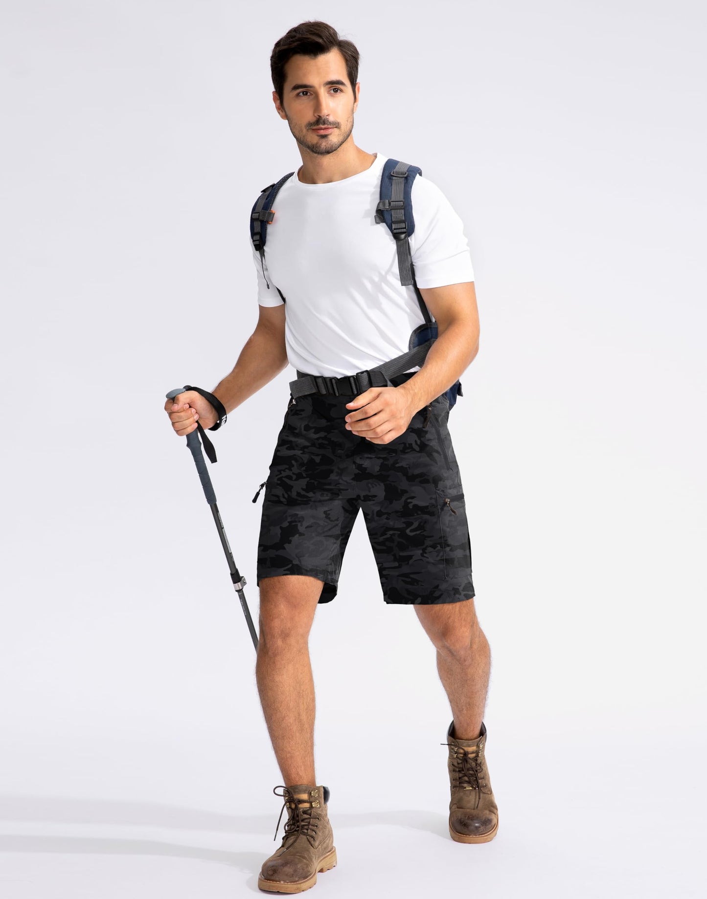 Pudolla Men's Hiking Cargo Shorts 9" Lightweight Outdoor Work Shorts for Men Travel Golf Camping Casual with 5 Zipper Pockets(Black Camo Large)