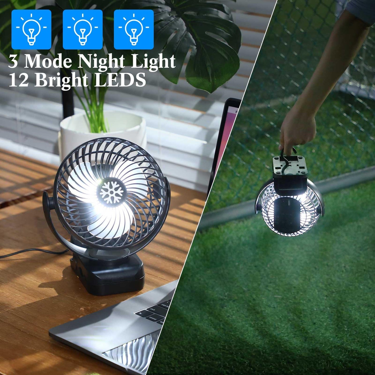 Glooglitter 2 Pcs Portable Camping Fan with LED Lantern and Hook, Rechargeable Portable Fan 3 Speeds Battery Powered Fan Clip on Fan for Bed 5000mah USB Small Desk Fan Tent Fan for Camping Car, Black