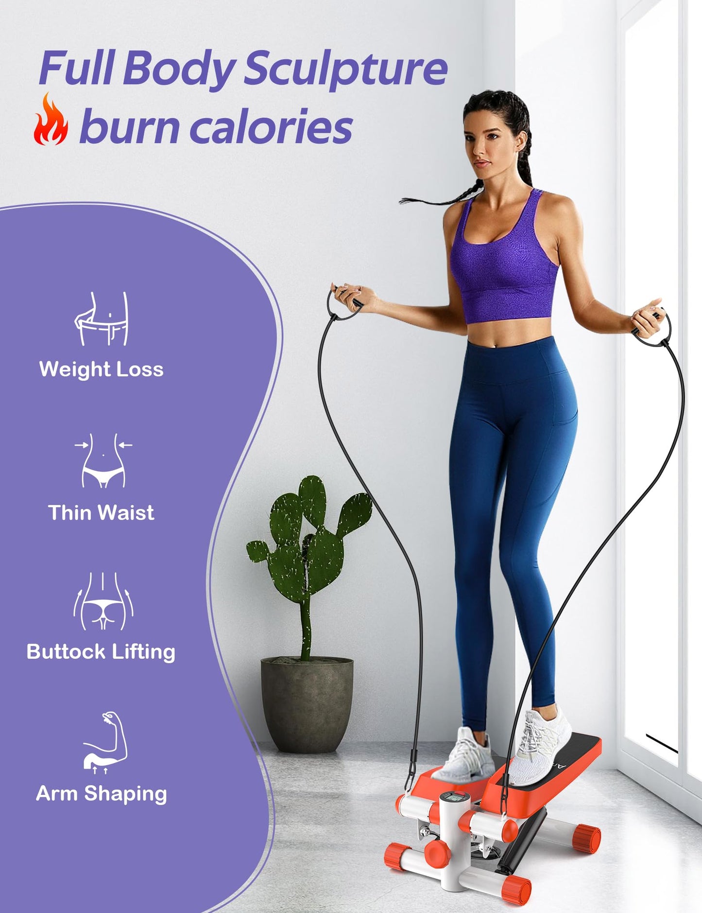 Amicus Mini Stepper for Exercise, Stair Stepper with Resistance Bands, Hydraulic Fitness Stepper Exerciser Machine for Home, 330lbs Weight Capacity, Orange White