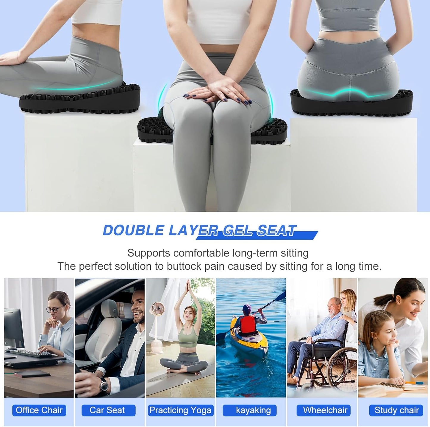 Thicken 19.7in Seat Cushion, Gel Seat Cushion for Long Sitting–Office Chair, Wheelchair, Car Pad, Large Cooling Support Pad for Back Pain, Sciatica, Tailbone Pain Relief