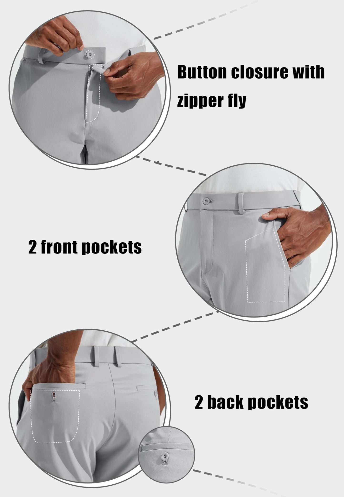 Men's Golf Pants 32" Classic Fit Quick Dry Lightweight Stretch Comfy Dress Work Business Casual Trousers for Men Clothing with Pockets, Light Grey, 32W x 32L
