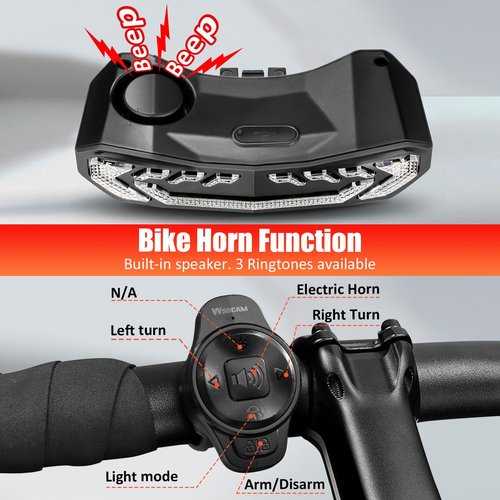 WSDCAM Bike Cargo Rack Tail Light with Turn Signals and Brake Light, Wireless Bike Horn Alarm, Auto On/Off USB C Rechargeable Bicycle Tail Light Rear Rack Bike Light Turn Signal Lights for Road Safety