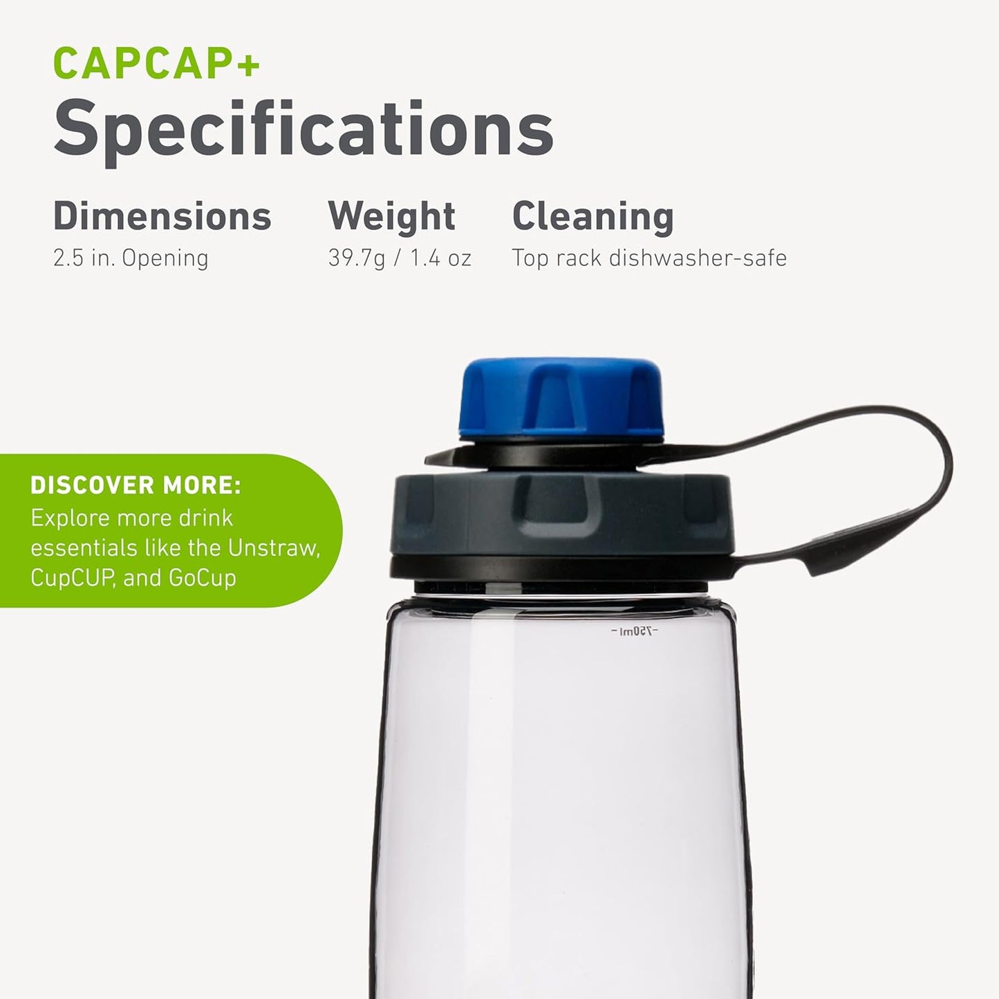 humangear capCAP+ | Converts Wide-Mouth Openings | Secure Easy Open | Food-Safe Material | Water Bottle Accessory Lid