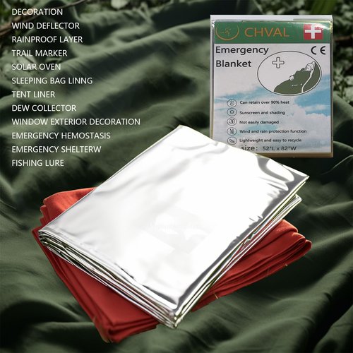 CHVAL Portable Space Mylar Thermal Blankets for Camping, Bug Out Bag, Survival & more. (Orange & Green)