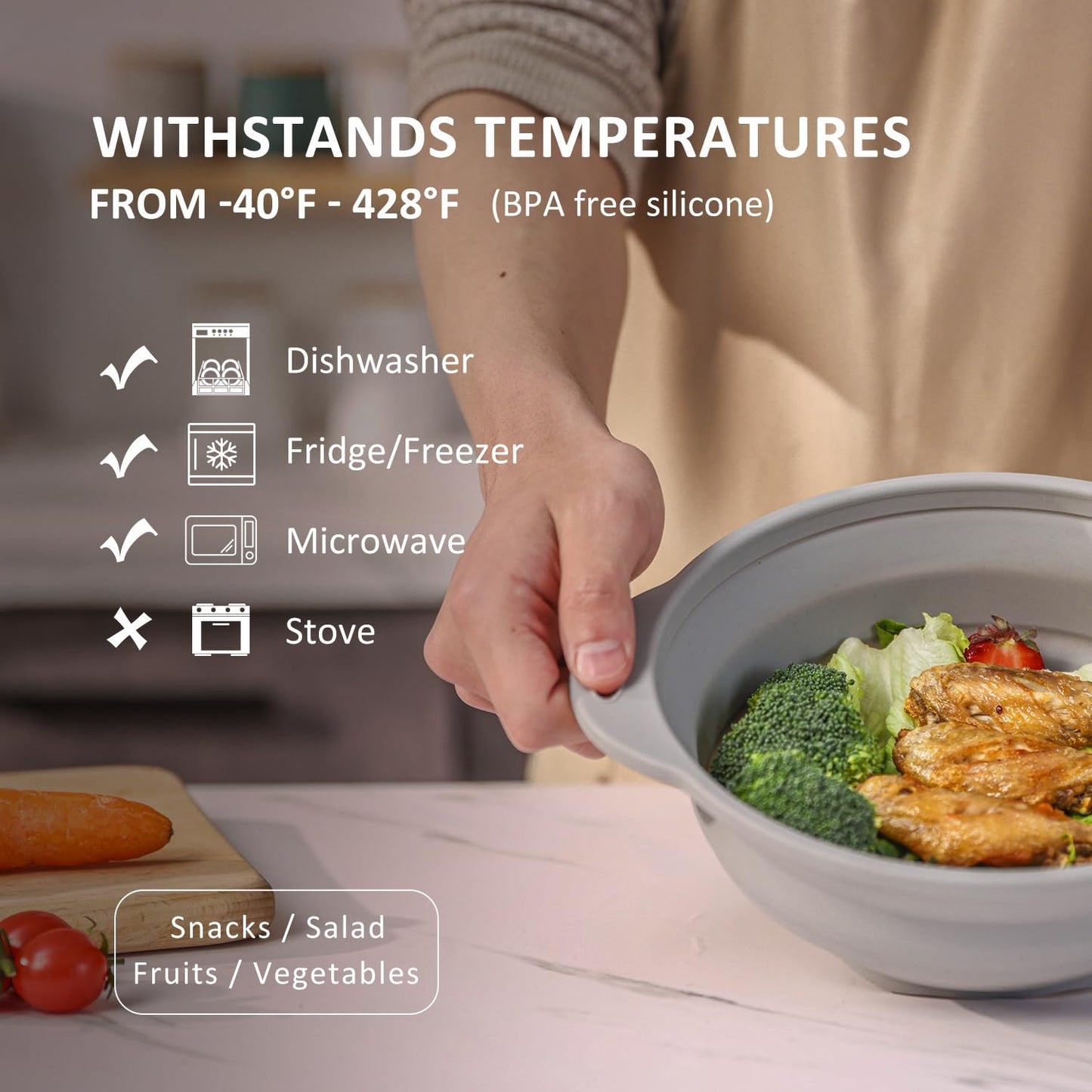 Jovilife Collapsible Bowl Set 64 oz Collapsible Salad Bowl Collapsible Bowl with Lid Silicone Foldable Bowl Camping Bowl Set (Grey), Large, Gray