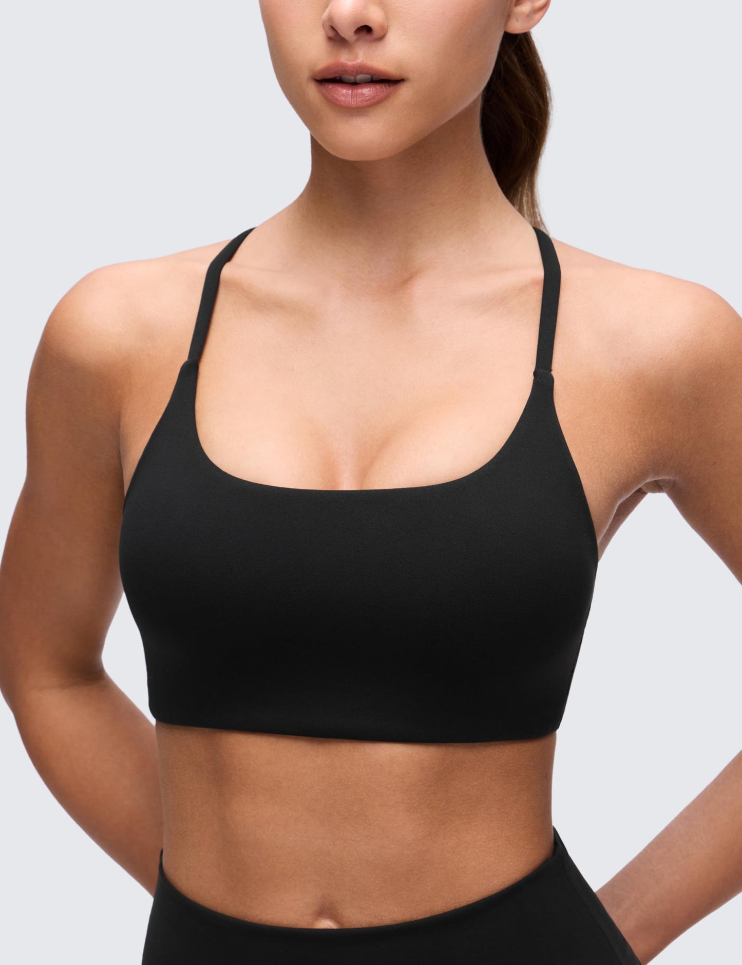 CRZ YOGA Butterluxe Twist Cross Back Sports Bras for Women - U Neck Padded Adjustable Spaghetti Straps Yoga Top Black Small