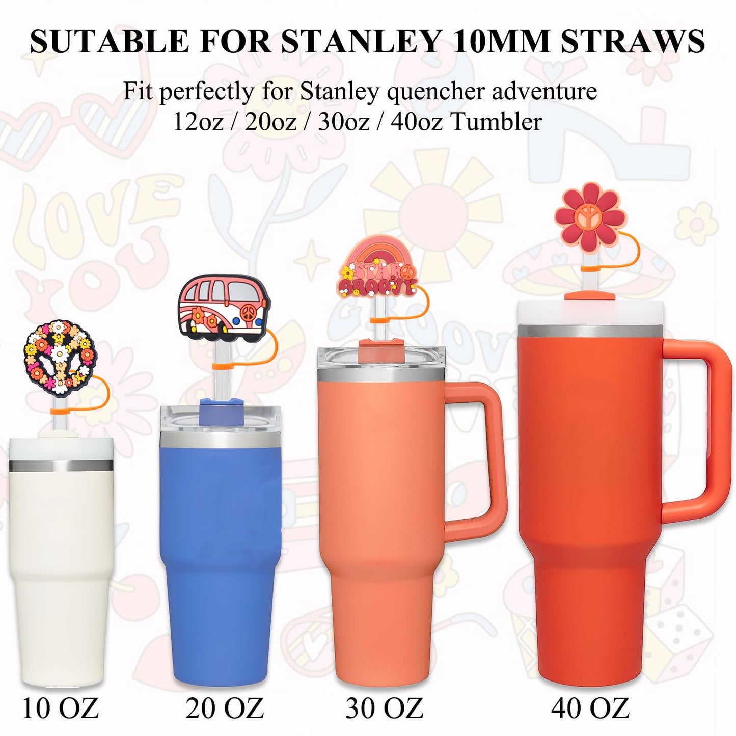 Amreich Boho Straw Cover for Stanley Cup - 4PCs Orange Stanley Cup Accessories, Groovy Hippie Design 60s 70s Party Straw Favors