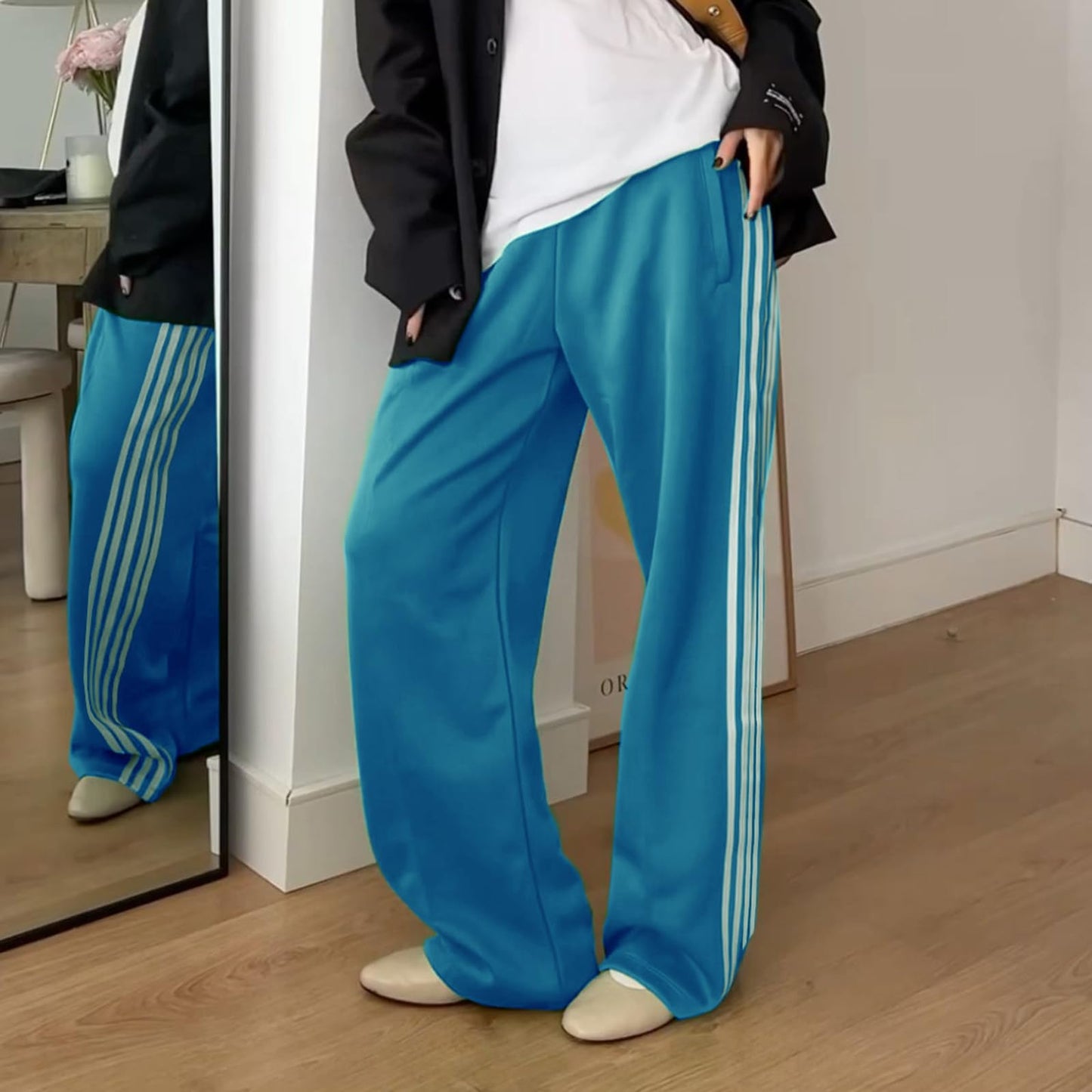 KMBANGI Women Striped Track Pants Elastic Waist Straight Leg Sweatpants Joggers Wide Leg Side Stripes Pants with Pockets(Casual Blue,M)