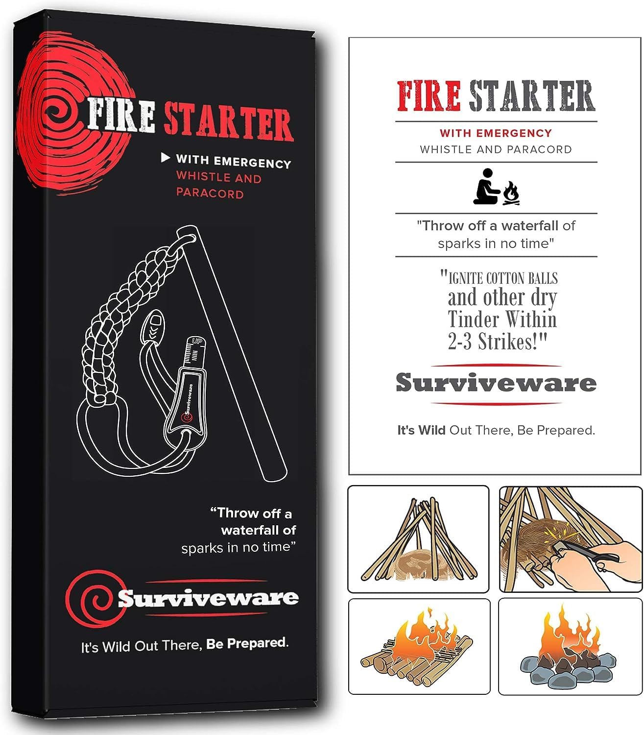 Surviveware Survival Fire Starter with Emergency Whistle, Paracord Handle, and Steel Serrated Scraper
