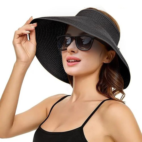 Sun Visor Hat for Women, Wide Brim Straw Summer UV Protection Hat, Foldable Roll-up Packable Beach Cap （Black）