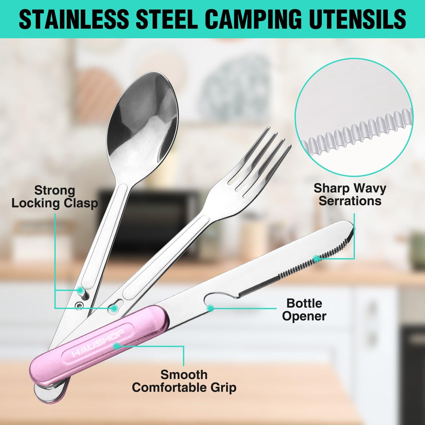 HAUSHOF 2-Pack 4-in-1 Camping Utensils, Stainless Steel Camping Eating Utensils with Carrying Bag, Detachable Spoon, Fork, Knife, Bottle Opener - Travel Utensil Set for Hiking, Picnic, Barbecue