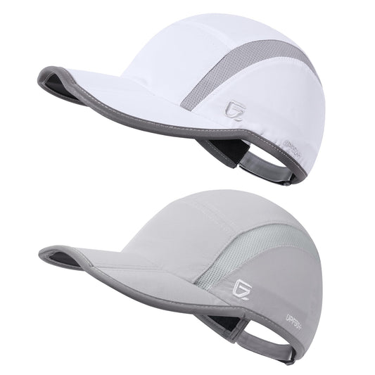 GADIEMKENSD 2 Pack Foldable Sports Sun Cap Men Women UV Protection Golf Hat Breathable Cooling Runner Hat Reflective Baseball Caps White Light Grey