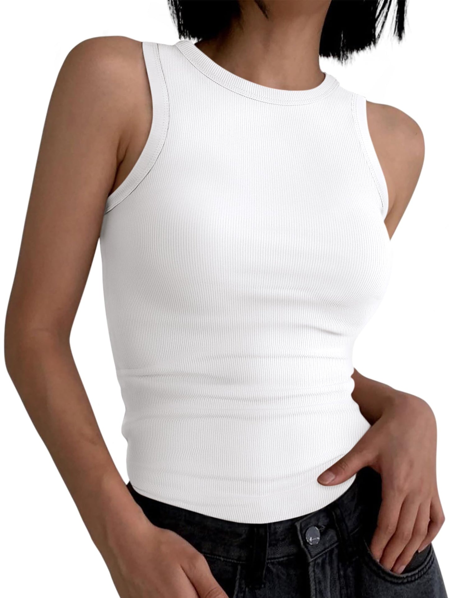ANRABESS Womens Sleeveless High Neck Tank Tops Fashion Summer Casual Basic Slim Fit Ribbed Racerback Top Shirt Clothes White-M