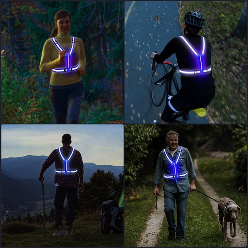 OMKHE LED Reflective Vest Running Gear, Lights Up Running Vest Rechargeable, High Visibility Reflective Running Gear for Night Walking Running Cycling Jogging (Blue)