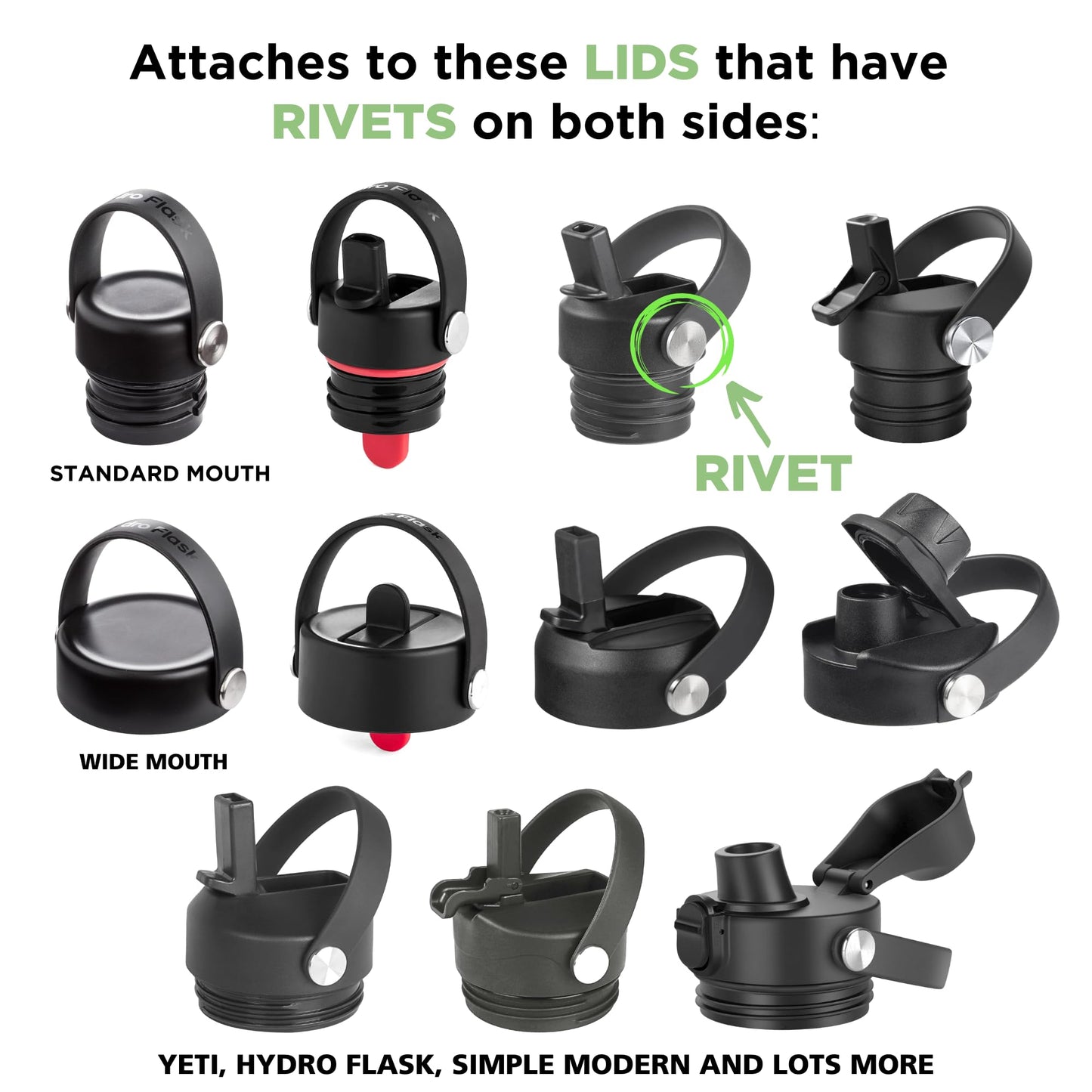 Gearproz HydroCord 3.0 H, Replacement Handle and Clips for Hydroflask Lids with Rivets, Fits Wide Mouth Bottles 12oz-64oz, Shoulder Strap, Water Bottle Handle, Durable Carrier (Black)