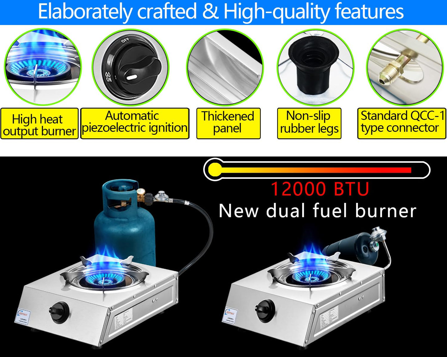 Horynar Propane Stove Single Burner Propane Stove 1 Burner 12,000 BTU Dual Fuel Auto Ignition with CSA Converter / QCC1 LPG Hose for Emergency Outdoor Cooking