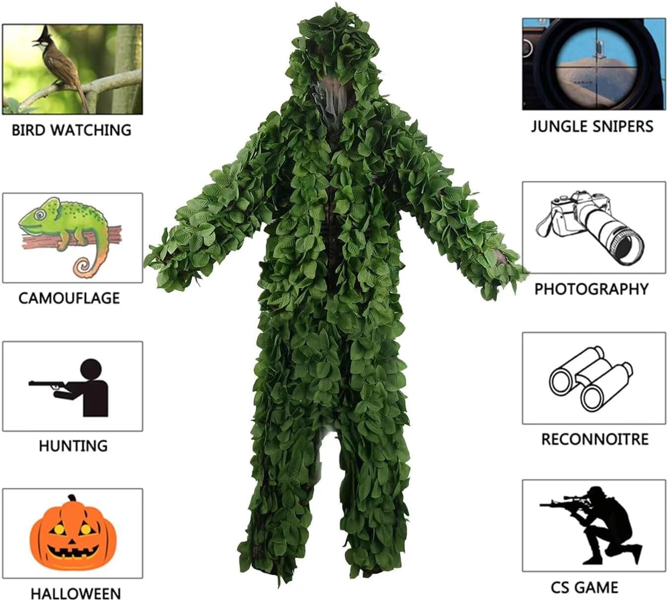 HYOUT Hooded Ghillie Suit Camo Suit Woodland Forest Military 3D Green Leafy Clothing Costume for Jungle Halloween Party