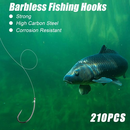 OROOTL Barbless Fishing Hooks Kit, 210pcs Carp Fishing Fly Tying Hooks Circle Curve Shank Barbless Fish Hook for Live Bait Carp Hair Rig Trout Freshwater Saltwater