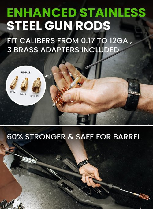 Universal Gun Cleaning Kit for All Guns - Portable Gun Cleaning Kits for Handguns and Rifles, Shotgun, Airsoft - Incl. Stainless Steel Rods, Brass Jags, Gun Cleaning Patches, Cleaning Swabs