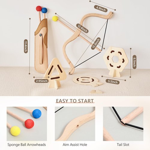 Etucdose Kids Bow and Arrow Set | Wooden Archery Toy for Kids | Includes 3 Arrows, 3 Targets, 1 Quiver | Indoor and Outdoor Archery Bow Gift Toys for Boys and Girls Aged 3+ Wooden Toys